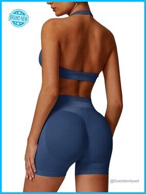2 Piece Workout Set Halter Neck Sports Bra Booty Lifting Shorts Gym Yoga Active